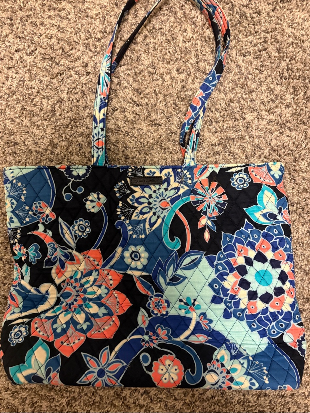 Vera Bradley Quilted Floral Tote Bag in Black, Blue & Coral